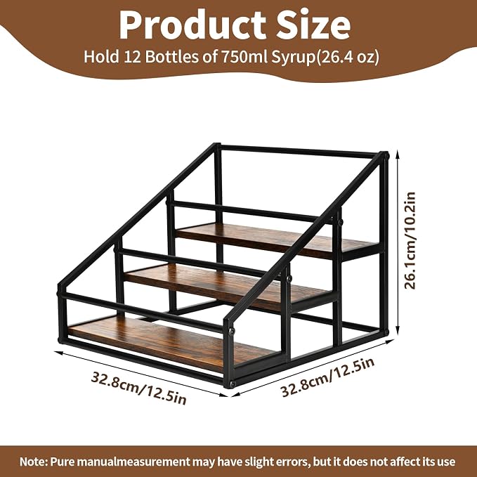 YQBRAO 3-Tier Coffee Syrup Organizer, 12-Bottle Rack, Rustic Brown | Holds up to 12 bottles with stepped visibility and a compact footprint for coffee bars, kitchens, and syrup stations.