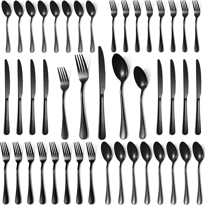 Silverware Set,40-Piece Stainless Steel Flatware Set for 8 | Food-Grade Stainless Steel Cutlery Set,Dishwasher Safe,Mirror Finished Utensil Sets for Home Restaurant,Round Edge,Black
