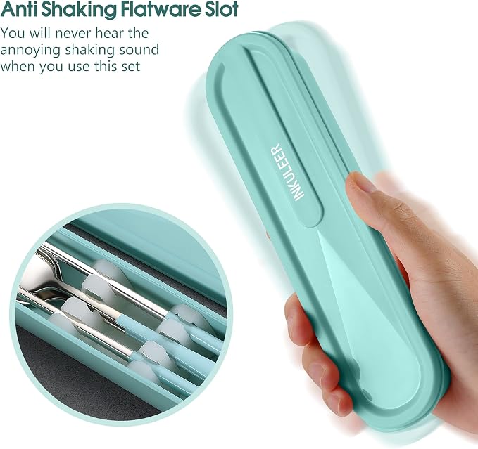 iNKULEER Travel cutlery set, 18/8 stainless steel cutlery, Reusable utensils set with case, Portable Silverware Lunch Box for Camping and Office (Blue)