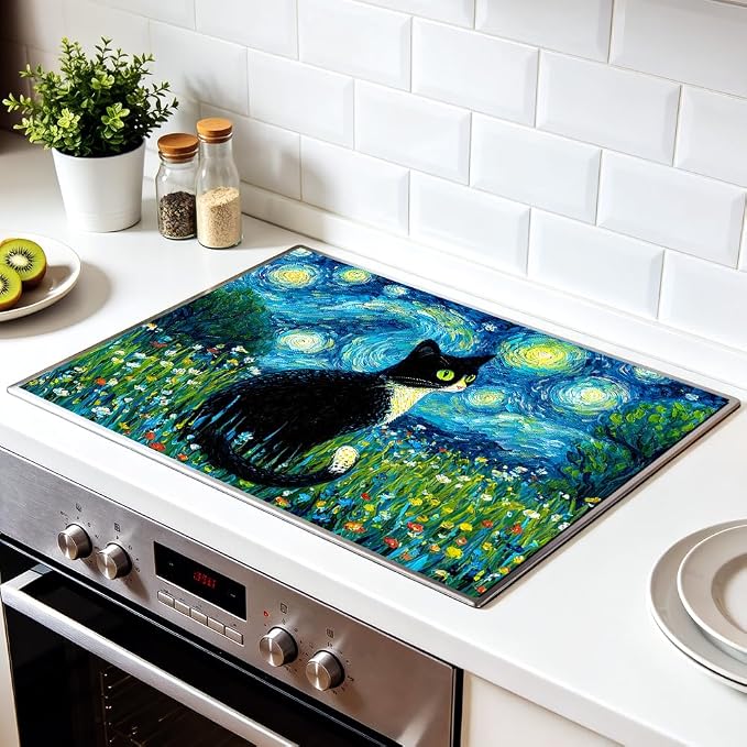 Black Cat Night Sky Stove Top Cover 28.35x20.47 in Non Slip | Heat Resistant Cooktop Protector Mat with Non-Slip Backing, Scratch Protection and Countertop Drying Mat.