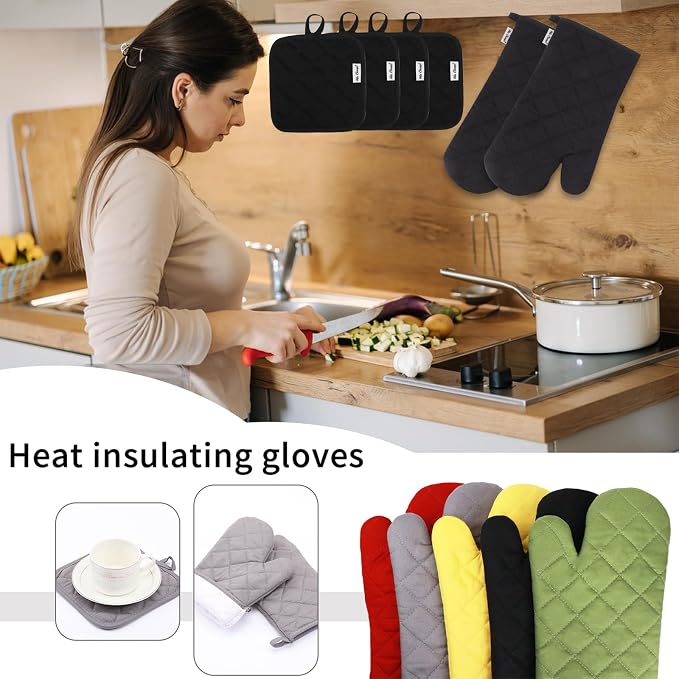 Oven Mitts and Pot Holders Sets,6 Pcs Oven Mitts and Potholders with Recycled Cotton High Heat Resistant Extra Thick Long Oven Mitts for Cooking(Black)