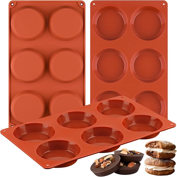 3 Pack Muffin Top Pans, 6 Cavities Silicone Egg Molds for Breakfast Sandwiches, Whoopie Pies, Hamburger Bun, English Muffins, Tarts, Corn Bread (Brick Red) ﻿ ﻿