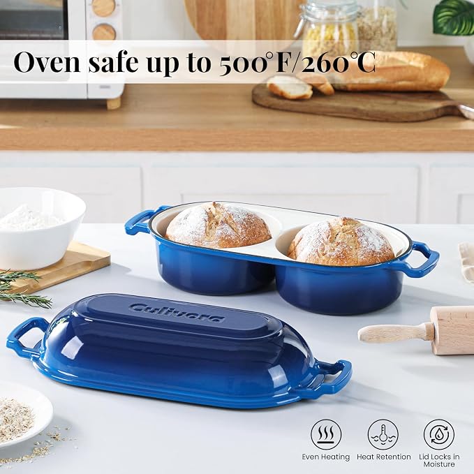 Cast Iron Bread Pan with Lid, Mini Enamel Sourdough Baking Dutch Oven Pot, Double Round Loaf Space for Homemade, Bread, Cake, Meatloaf, 16.5cm Diameter, 500°F Oven Safe, Non Stick, Blue