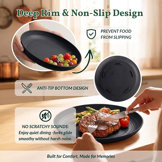 Wheat Straw Plates Set - 11 inch Reusable Large Dinner Plates Set of 8, Lightweight Unbreakable Salad Plates, Microwave and Dishwasher Safe Plates, Deep Plates for Dinner, Camping - Black