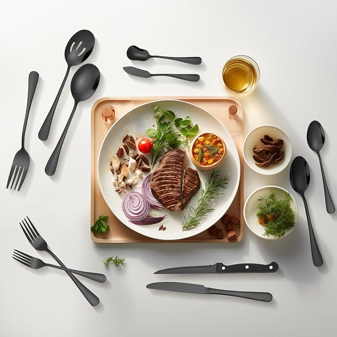 Lazycorner 53 Piece Black Silverware Set for 8, Flatware Set with Steak Knives for 8 and 5 Serving Use Set 18/10 Stainless Steel Serving Utensils Set Cutlery Set For Restaurant Hotel Dishwasher Safe