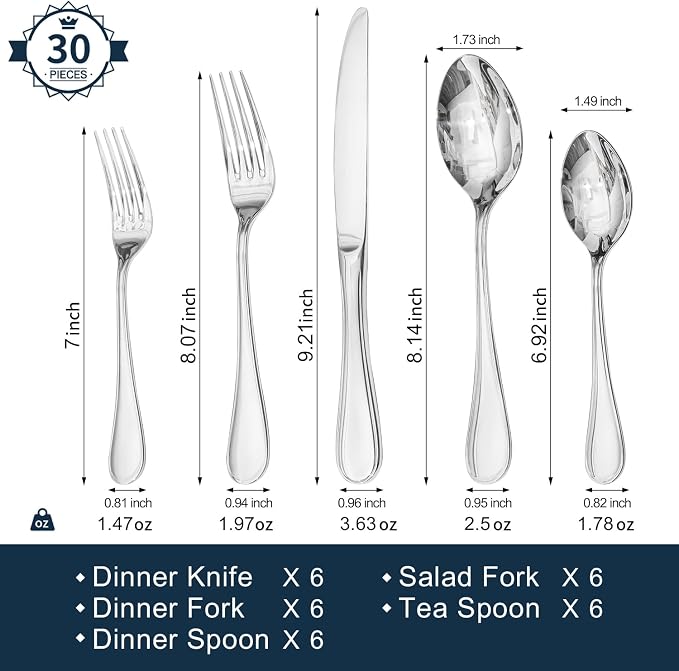 18/10 Stainless Steel Silverware Set for 6, 30 Piece Teardrop Flatware Set | KINGSTONE Heavy Cutlery Set, Mirror Polished Knives Forks and Spoons Utensils, Dishwasher Safe for Home Kitchen Wedding