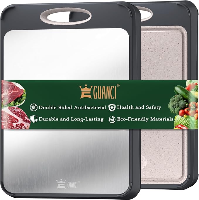 Cutting Board for Kitchen, Non Toxic 2-in-1 Double Sided Design, 304 Food Grade Stainless Steel & Wheat Straw PP Chopping Board for Meat & Vegetables, Durable Kitchen Essential, Large 16”×11”