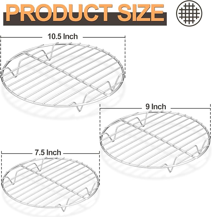P&P CHEF Round Cooking Rack, Cooling Rack for Steamer, 7.5+9+10.5”, Silver | 3 Pack Stainless Steel Baking Rack for Grilling Roasting, Fits Air Fryer, Canning Pot, Oven & Dishwasher Safe, Non-toxic