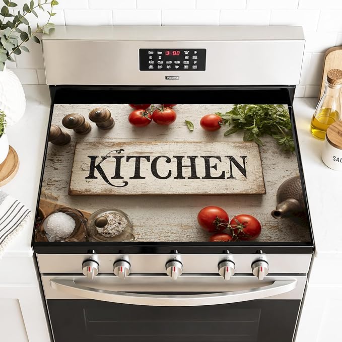 Rustic Kitchen Sign Stove Top Cover 28.35x20.47 in Non Slip | Heat Resistant Cooktop Protector Mat with Non-Slip Backing, Scratch Protection and Countertop Drying Mat.