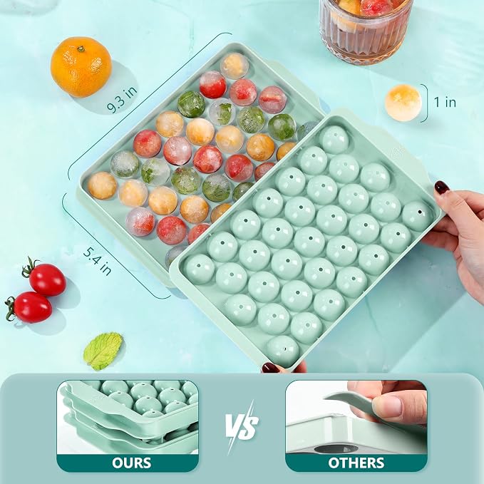 Optish Ice Cube Tray with Lid and Bin, 3 Pack Ice Trays for Freezer, 99 Pcs Round Ice Cube Mold, Ices Maker Bucket with Scoop for Cocktail, Coffee, Rv Accessories, Easy to Release (1 inch, Green)