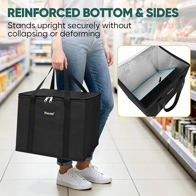 BALEINE 1PK Insulated Reusable Grocery Bag, Heavy Duty Shopping Tote | Foam & Foil Insulation, 9" Long Handles, Reinforced Bottom Keeps Upright, Fold Flat Storage, Water-Resistant Shopping Bag