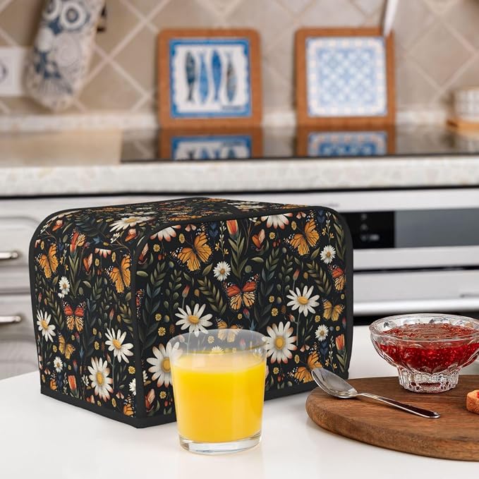 2 Slice Toaster Cover Vintage Butterfly Daisy Leaf Dust Proof Washable Kitchen Appliance Cover with Pocket, Oxford Fabric Countertop Toaster Protector for Standard Toasters Small Appliances