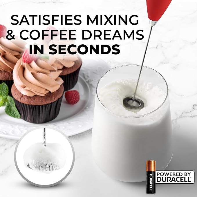 Zulay Powerful Milk Frother for Coffee with Upgraded Titanium Motor - Handheld Electric Whisk, Milk Foamer, Mini Mixer & Coffee Blender for Frappe, Latte, Matcha, No Stand - Fire Red