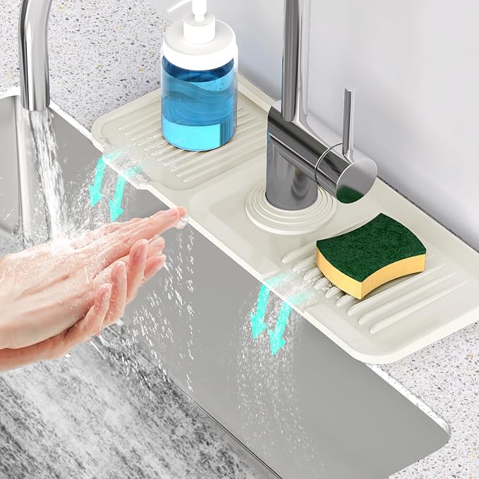 14.6 inch Faucet Mat for Kitchen Sink [5°Slope Fast Self-draining] Faucet Mat Kitchen Sink Splash Guard Silicone Sink Splash Guard Kitchen Sink Area Tidy Splash Faucet Guard Draining Mat-Beige