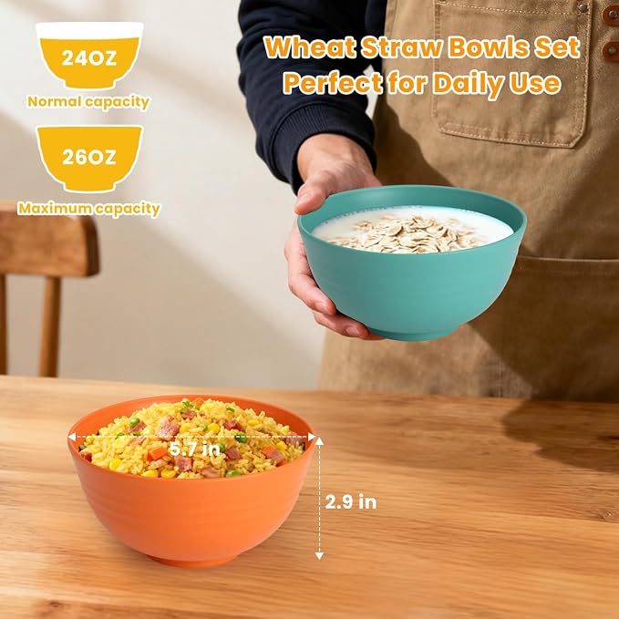 Wheat Starw Cereal Bowls, Unbreakable Bowl Set 6 PCS, Microwave and Dishwasher Safe Bowls, Alternative to Plastic Bowl Reusable, Bowl Set for Kitchen, Picnic, Camping, Party (26 OZ, Colorful)