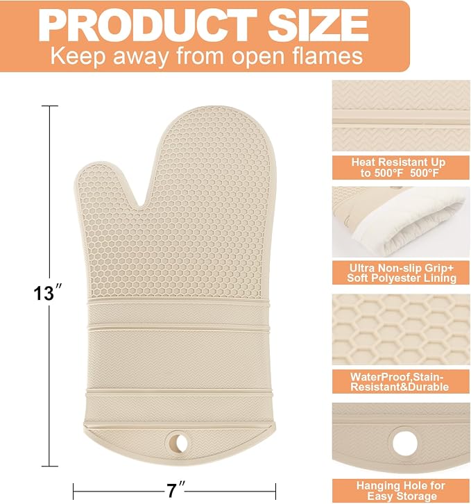 YUTAT Silicone Oven Mitts,Heat Resistant 2PCS Oven Mitts with Soft Polyester Filling,Perfect for Baking and Cooking,Khaki
