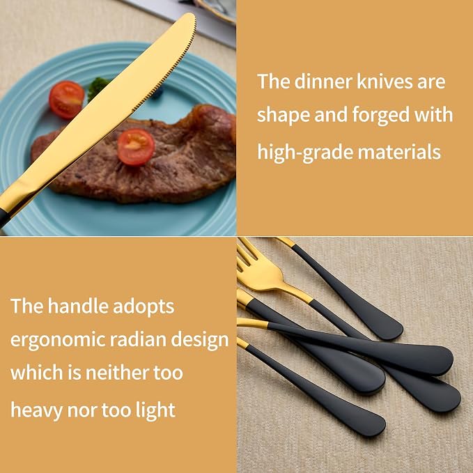 20-Piece Black and Gold Silverware Set 18/0 Stainless Steel Silverware Set Black Handle Cutlery Set Service for 4 Dinner Knives Forks Spoons Set Flatware Set Finish Dishwasher Safe