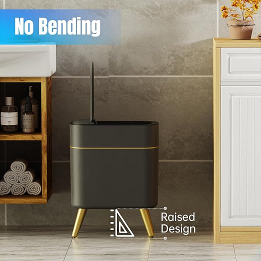 Yatmung Bathroom Trash Can Automatic Touchless - Modern Smart Trash Bin | Narrow Waste Basket for Bedroom, Laundry Room, Office, Plastic - Motion Sensor Garbage Can with Lid - Black with Gold Edge