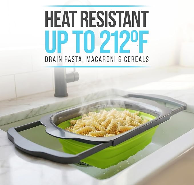 Comfify Green XL Collapsible Silicone Over Sink Colander – 6 Quart | Green; extends 25" to span sink; both hands free; collapses flat; 6 Qt; heat resistant 176F; pasta, veg, fruit