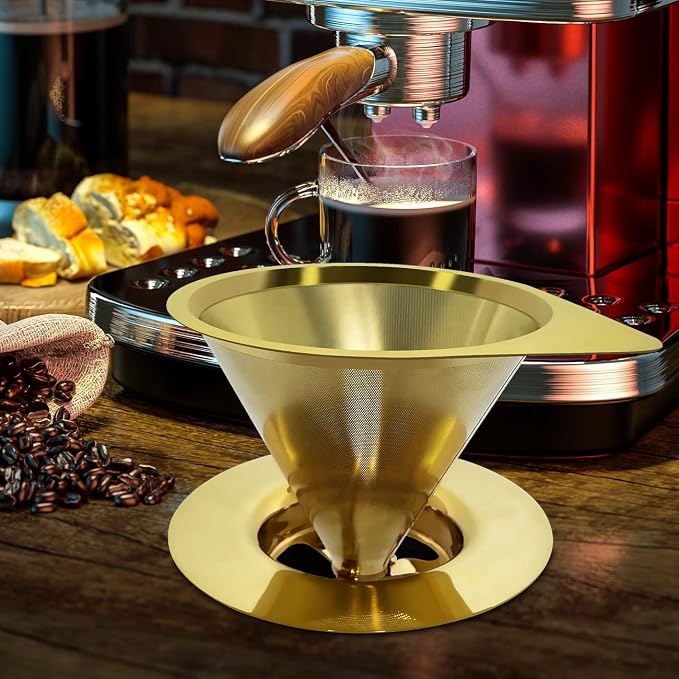 LHS Pour Over Coffee Dripper Reusable Coffee Filter Paperless Coffee Filter Stainless Steel Pour Over Coffee Maker Cone Coffee Dripper for 1-2 Cup,Gold