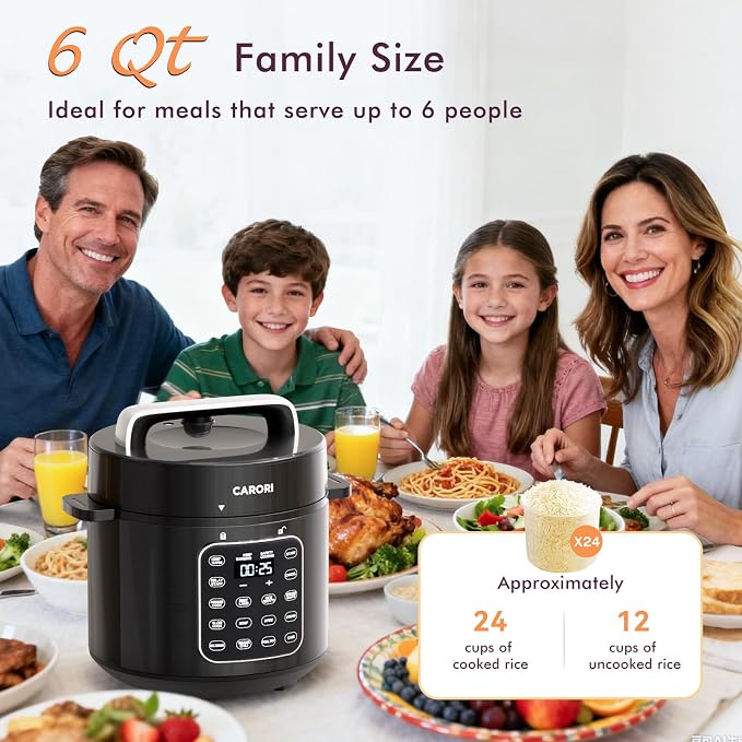 CARORI 6Qt 9-in-1 Electric Pressure Cooker,12 Presets - Quick Meals, Time-Saving, Healthy Dinner,Olla Presion, Electric Canner, Home Appliance, Small Appliance, (Black/SS)