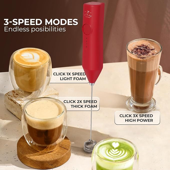 Zulay Kitchen Rechargeable Milk Frother Handheld - Frother Wand, Drink Mixer, Electric Whisk Frother, for Cappuccinos, Matcha & Protein Powder - Dynamic Triple Whisk, 3 Speed 500mAh Red