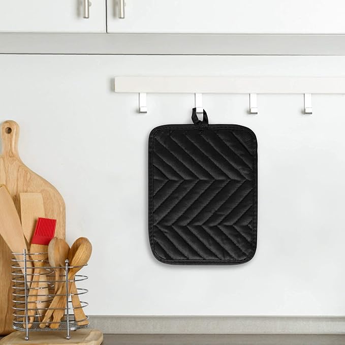 R HORSE 6Pcs Black Pot Holders with Pocket for Kitchen, 7''x 9'' | Cotton Potholders, Heat Resistant Oven Mitts, Non-slip Terry Cloth Trivet, Ideal for Baking Cooking, Machine Wash