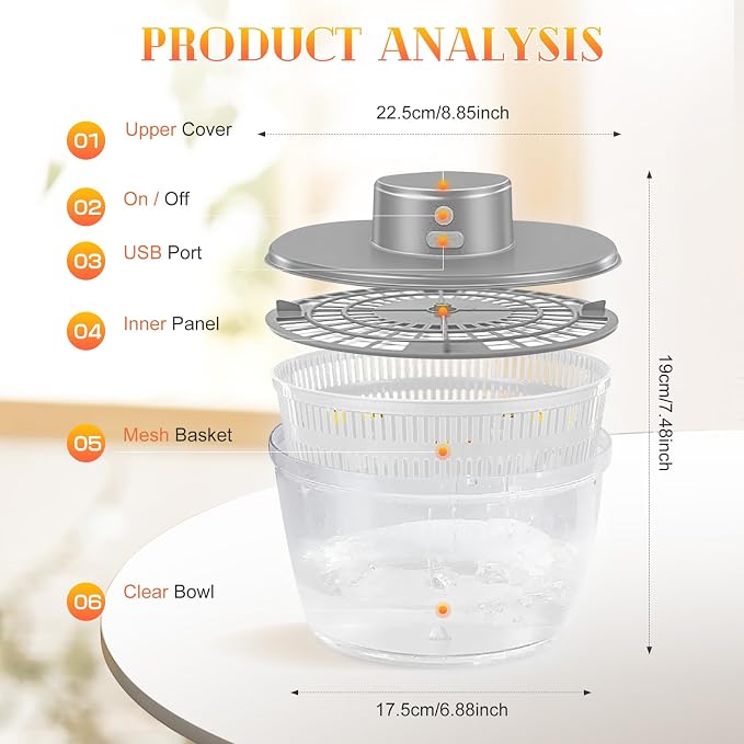 USB Electric Salad Spinner,4L Large Capacity Lettuce Vegetable Washer Dryer | Vegetable Strainer Spinner for Lettuce Fruit Drying,Automatic Compact Salad Cleaner and Dryer for Home Kitchen Gadget(White)