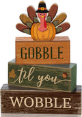 Lineshading Wooden Turkey Thanksgiving Decor Gobble Fall Table Sign Rustic | Stacked Blocks with Wobble Phrase, Rustic Farmhouse Style for Tiered Tray Centerpiece, Harvest Autumn Kitchen Table Accents
