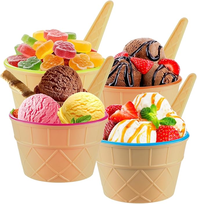 4 Pack Ice Cream Bowls and Spoons Set Plastic Cups Party Favor Kids Gift | Reusable Cute Dessert Bowls Set For Birthday Parties Festive Graduation Durable Lovely Colorful DIY Frozen Yogurt Candy