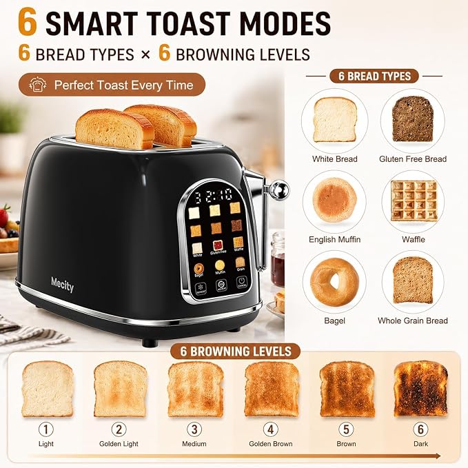 Mecity Toaster 2 Slice, Touch Screen Wide Slot Retro Toaster For Breads Bagel Muffin Waffle, House Warming Gift New Home, 120V 825W, Jet Black