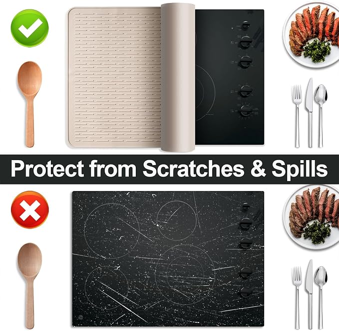 Stove Top Cover for Electric Stove- Range Covers for Electric Stove,Silicone XXL Dish Drying Mat, Glass Cooktop Covers, Flat RV Range top Mats (Taupe Thickened, 30"x21")