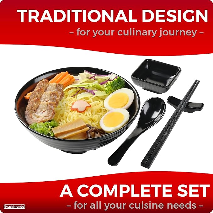 4 Noodle Bowls Set - large 32oz Ramen Bowl Set for authentic Asian Cuisine - with Dipping Bowls, Spoons, Chopsticks & Chopstick Stands. Enjoy Thai Miso Udon Wonton (4 Bowl Set, Black)