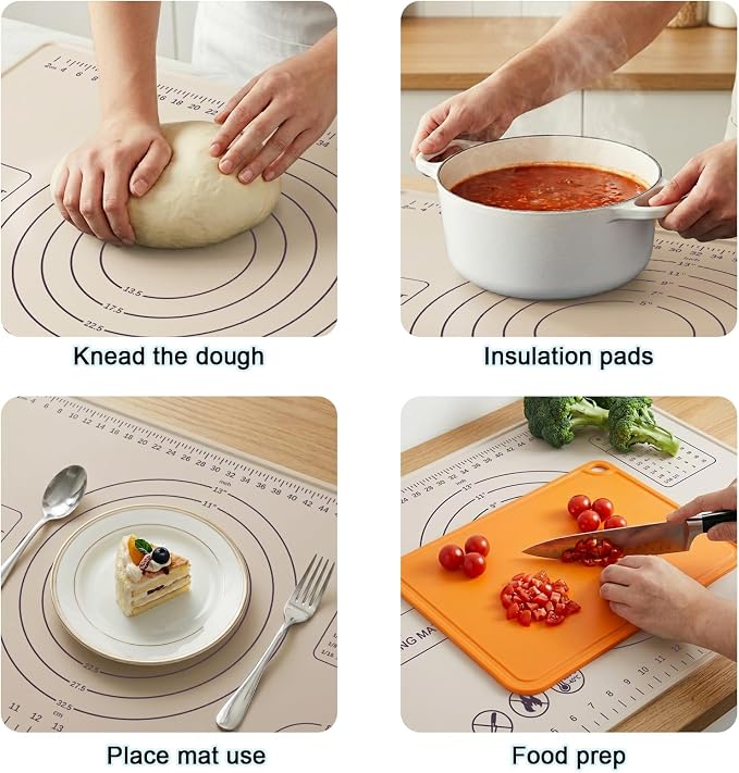 Silicone Pastry Mat 28" x 20" Extra Thick Silicone Baking Mat with Measurements and Edge Heightening Non-stick Food Grade Dough Rolling Mat Kneading Sheet for Pastry, Bread, Cookies (Beige)
