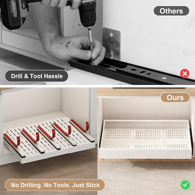 Fokyfok Pull Out Cabinet Organizer,23"-31"W,17"-24"D,Expandable,Adhesive | No Drill,5 Rails,Roll out Drawers,Adjustable Slide out Shelves for Kitchen,Pantry,Framed and Framless Cabinets,White,1PC