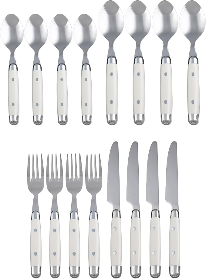 Cambridge Jubilee White 16-Piece 18/0 Silverware Set for 4, Flatware | mirror finish, dishwasher safe | includes knives, forks, and spoons | heavy duty, cutlery set for kitchen and dining