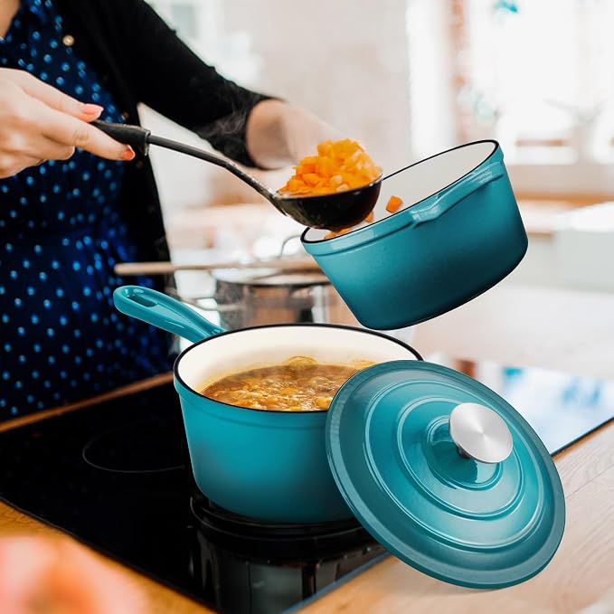 Leonyo 1Qt & 2Qt Enamel Cast Iron Saucepan Set, Dutch Oven Pot, Lake Green | For All Cooktops Cooking Pasta, Milk, Oatmeal - Up to 500°F & Nonstick