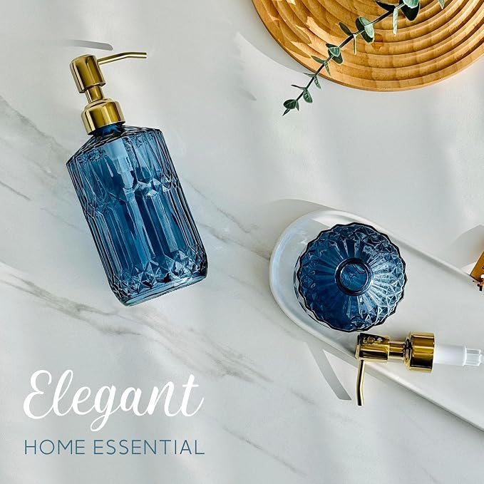 JASAI 18Oz Blue Glass Soap Dispenser with Golden Pump for Dish Soap | Refillable Kitchen Soap Dispenser with Thick Glass & Rust Proof Pump, Bathroom Soap Dispenser for Hand Soap, Liquid Soap.