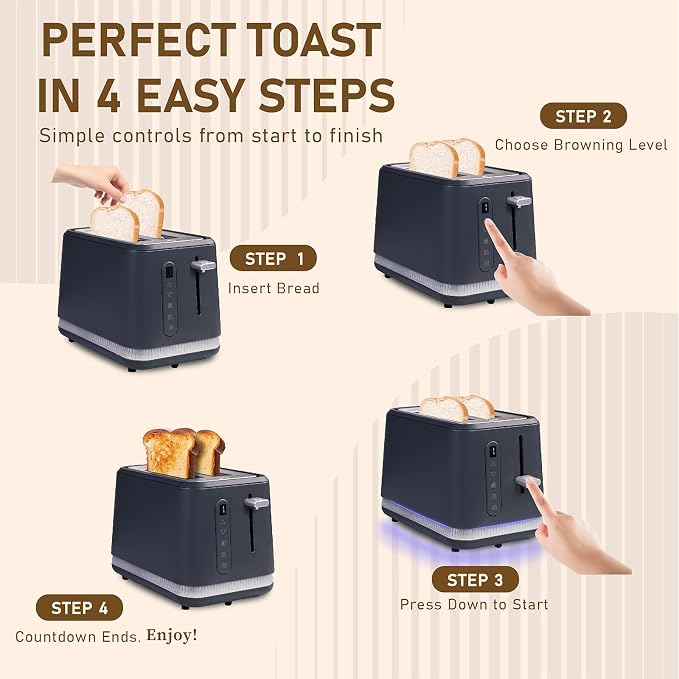 Stainless Steel Toaster 2 Slices, Toasters Wide Slot, Bread Toaster with Cancel, Reheat, Defrost Function, Bagel Toasters with Removable Tray & 6 Temperature Settings, LED Display, Grey
