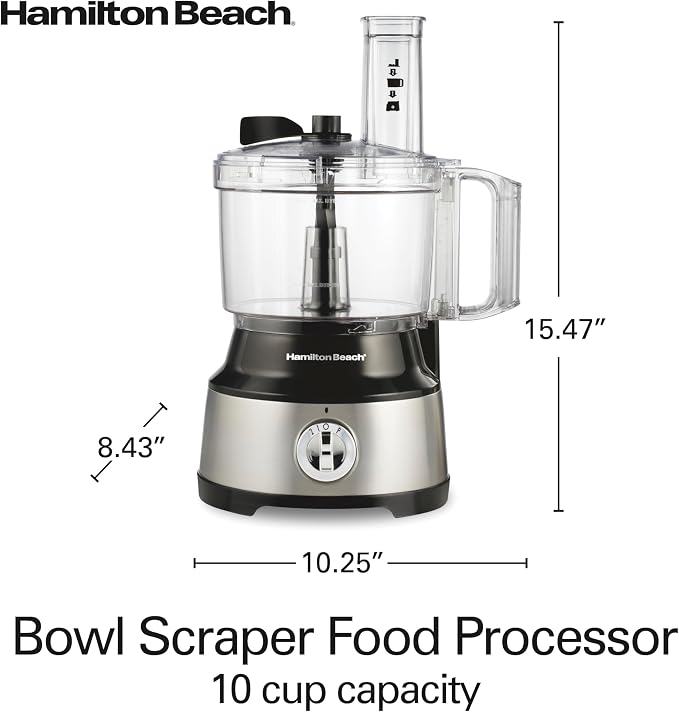 Hamilton Beach Food Processor & Vegetable Chopper for Slicing, Shredding, Mincing, and Puree, 10 Cups + Easy Clean Bowl Scraper, Stainless Steel (70730)
