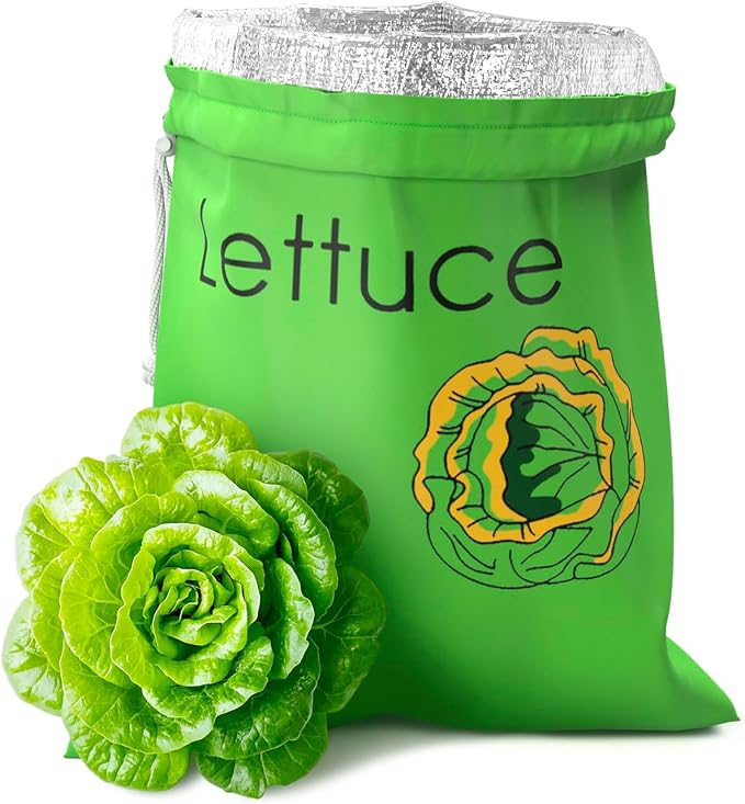 3-Layer Lettuce Keeper for Refrigerator, 13.8x10.6 Inches (Green) | Lettuce Bag Keeper with Foil Lining, Quick Drawstring Closure, Washable & Breathable Nylon, for Vegetable and Fruit Storage