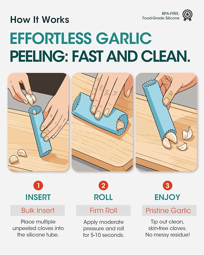 3-Pack Silicone Garlic Peeler Tube - Roller Garlic Stripper | Quick Skin Removal: Easily peels garlic cloves in seconds without leaving any garlic odor on your hands.
