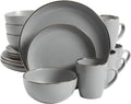 Gibson Home Rockaway 16-Piece Round Stoneware Dinnerware Set, Service for 4 – Grey with Gold Rim Plates and Bowls, Microwave & Dishwasher Safe