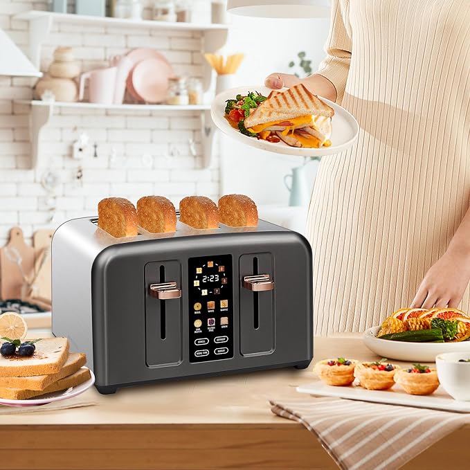SEEDEEM 4 Slice Stainless Steel Toaster, 1.5" Wide Slots, Dark Metallic | Toaster 4 Slice, 6 Bread Type, 7 Shade Settings, 1.5'' Wide Slots, Cancel/Defrost/Reheat, Removable Crumb Tray, 1800W