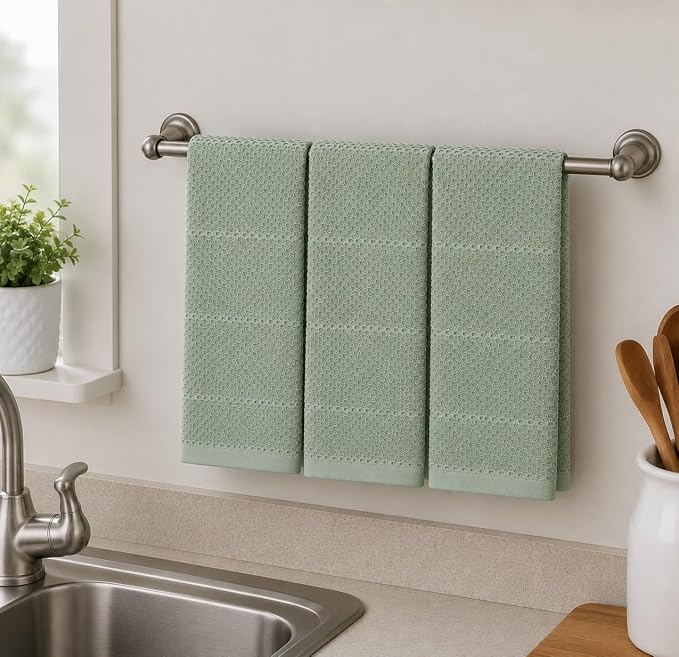 Sage Green Kitchen Hand Dish Towels, Set of 3, 100% Cotton, 18" x 28" | Terry Loop Textured, Soft & Absorbent Cleaning Cloth, Quick Dry, Multipurpose for Everyday Use