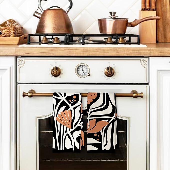Abstract Boho Black and Beige Brown Floral Kitchen Towels Set of 2, 70s Retro Groovy Botanical Dish Tea Towels for Kitchen Bathroom Decor, Mid Century Modern Hand Towels, 16x24 Inch