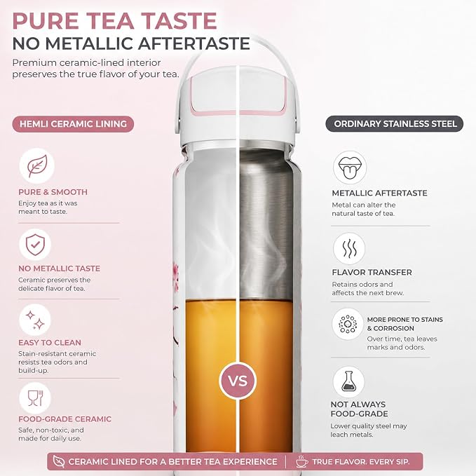 22 oz Ceramic Lined Tea Infuser Travel Tumbler, Micro-Mesh Stainless Steel Infuser, Pure Taste Ceramic Interior, Triple Insulated 12hr Hot Cold, Dual Sip & Straw Lid, Scratch-Resistant