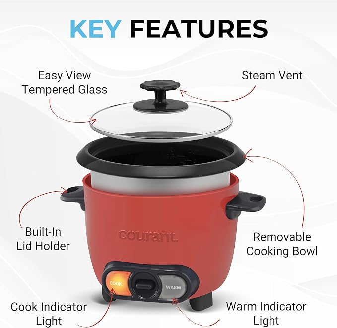 Courant Rice Cooker 6-Cup (Cooked), Removable Non-Stick Bowl, One Touch Rice Cooker, Red