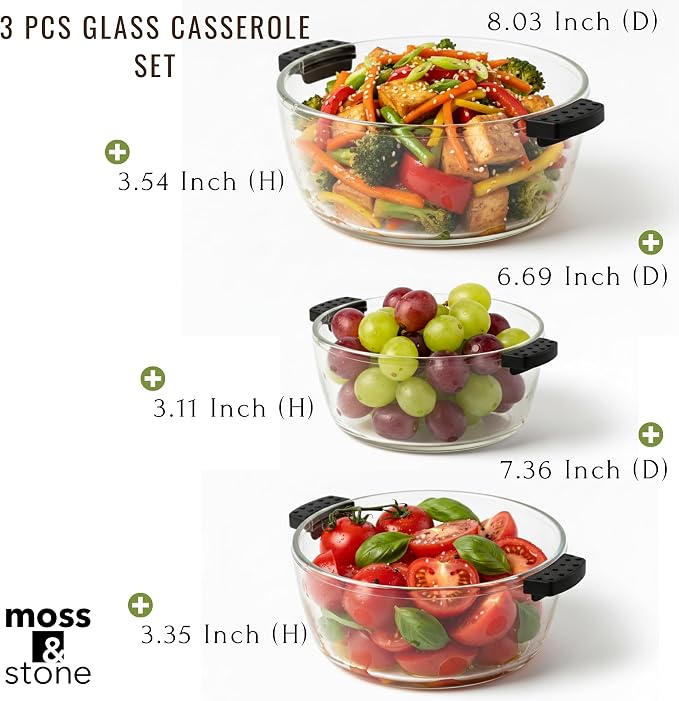 Moss & Stone Clear Glass Casserole Dish Set with Lids, Glass Baking Dishes | 3-Piece Borosilicate Glass Bakeware Set with Plastic Lids, 3 Round Baking Dishes for Oven, Microwave, Serving & Food Storage