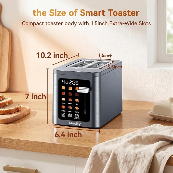 Mecity 2 Slice Toaster Smart Touchscreen, Stainless Steel Wide Slot Toasters Defrost, Reheat, Memory Function, Auto Shutoff, Digital Electric Bread Toaster for Bagel Muffin Waffle, 120V